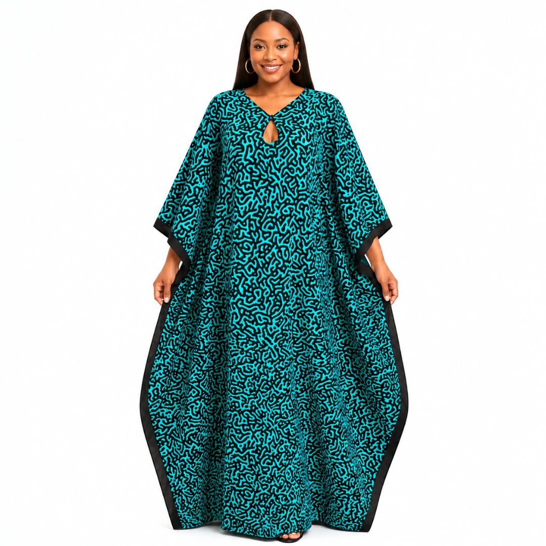 Turquoise and Black Abstract Pattern Kaftan Dress with Matching Headscarf